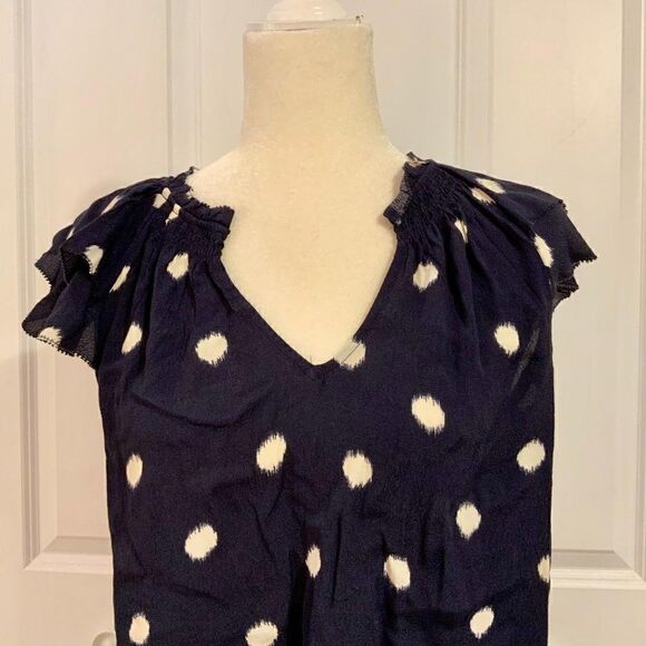 A New Day Navy Blue Circle Print Flutter Short Sleeve Rayon V Neck Top Small New - Picture 3 of 9